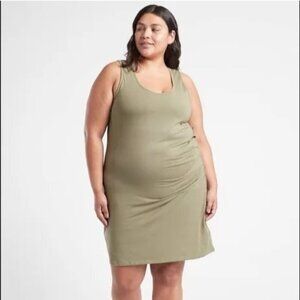 NWT Athleta Women's Size 2X Della Dress Olive Green Organic Cotton Ruched Waist